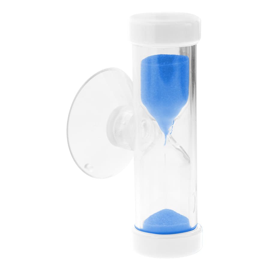 A clear sand timer with a white top and bottom, featuring blue sand inside.