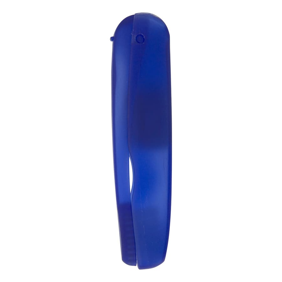 A folding travel toothbrush in blue, featuring a sleek design and a logo on the surface.