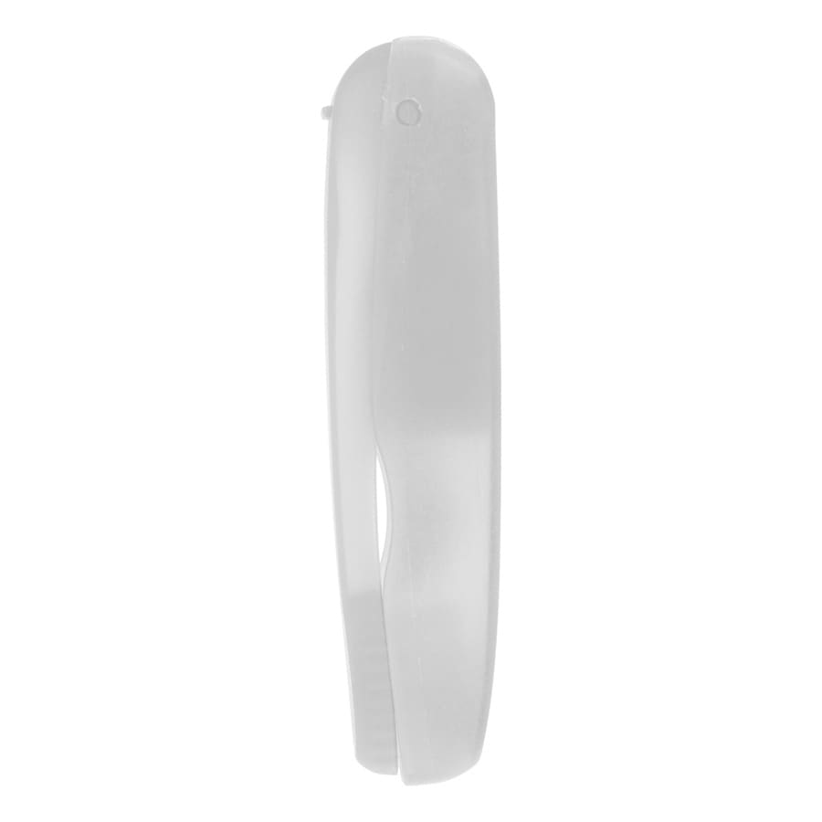 A folding travel toothbrush in translucent white, featuring a compact design and a logo on the side.