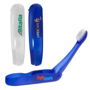 Three folding travel toothbrushes in white and blue with logos. Each features a removable cap and bristle head.