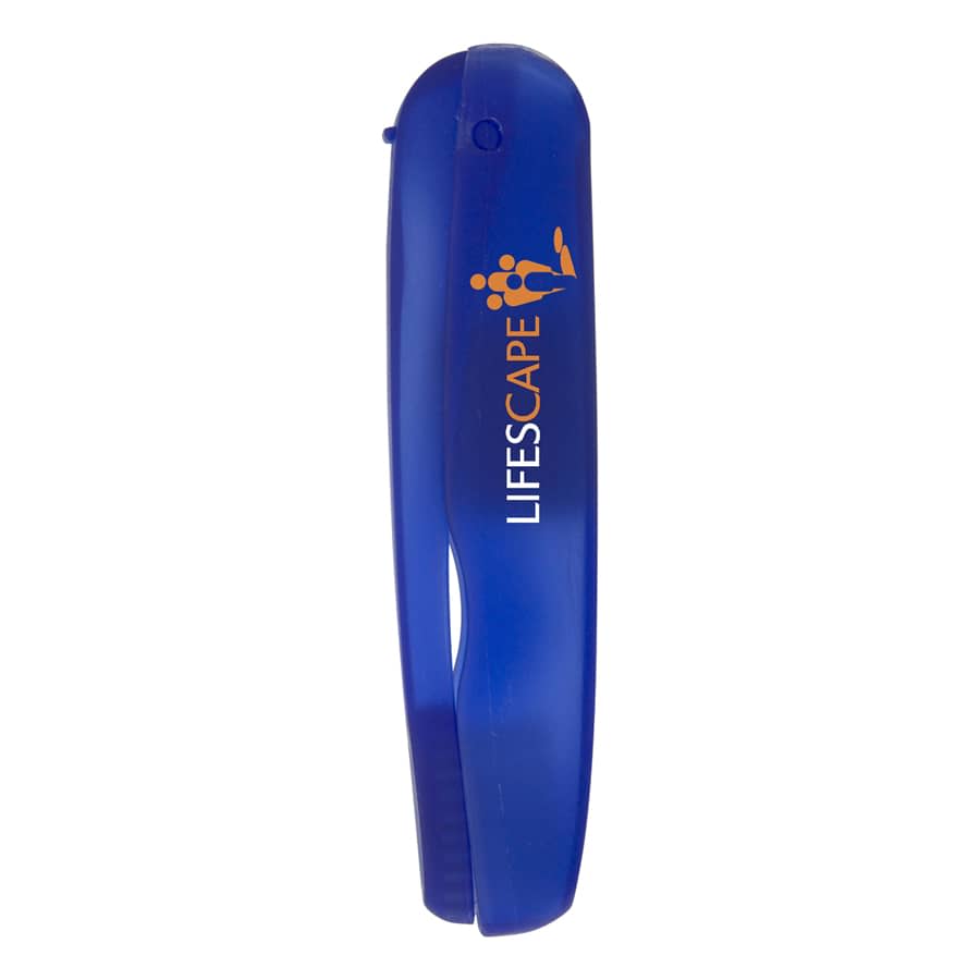 A blue folding travel toothbrush with a logo, designed for portable dental care.