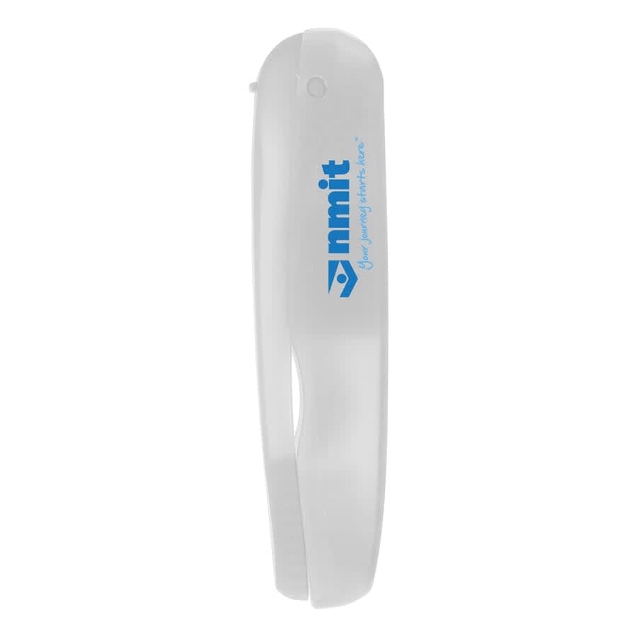 A folding travel toothbrush in white with a blue logo. The brush is compact and designed for portable use.