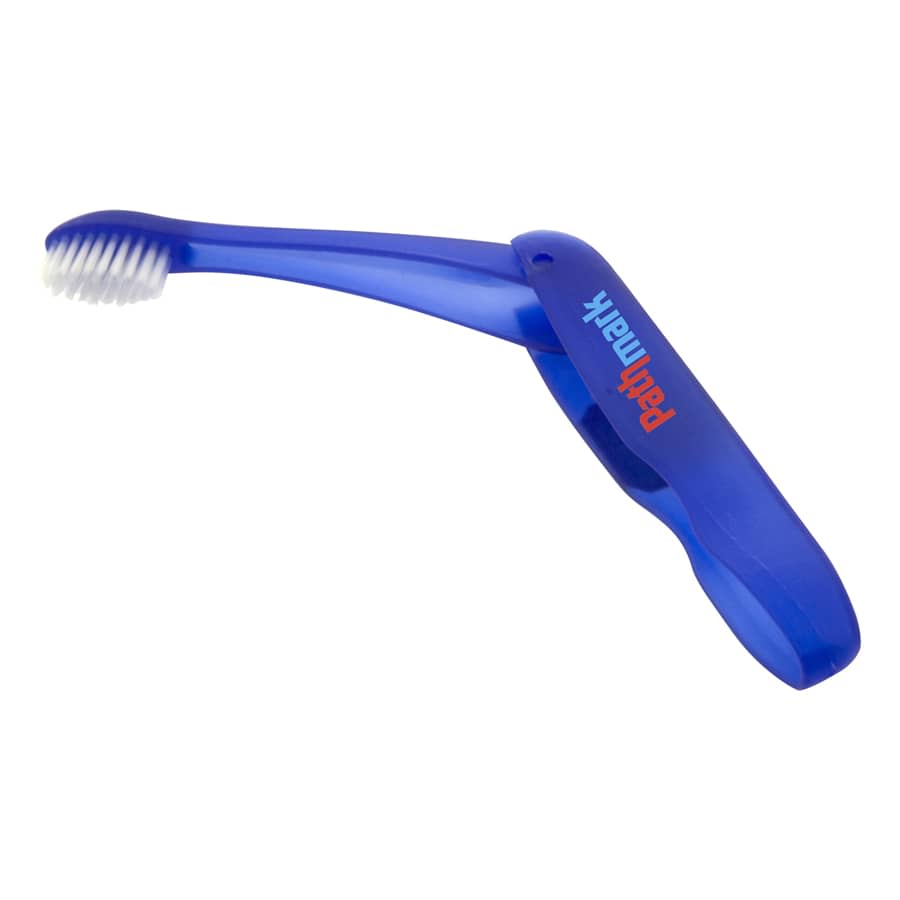 A folding travel toothbrush in blue with a toothbrush head and handle. Features a branding logo on the handle.