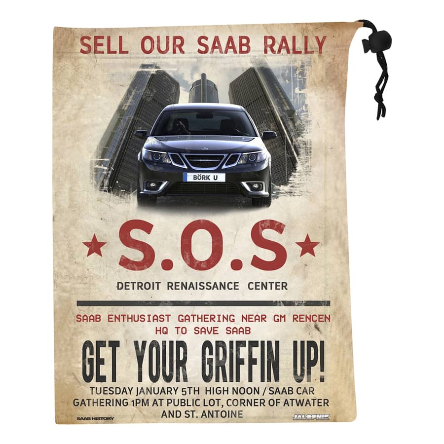 A drawstring pouch featuring an image of a car on a textured background. The pouch has a logo and promotional text.