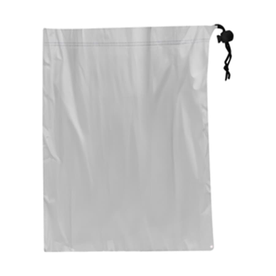 A grey microfibre pouch with a drawstring closure, designed for tablet protection. Features a logo.