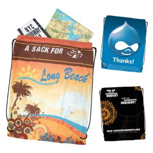 A drawstring backpack in orange and brown design, featuring a beach theme and multiple maps. Includes branding.