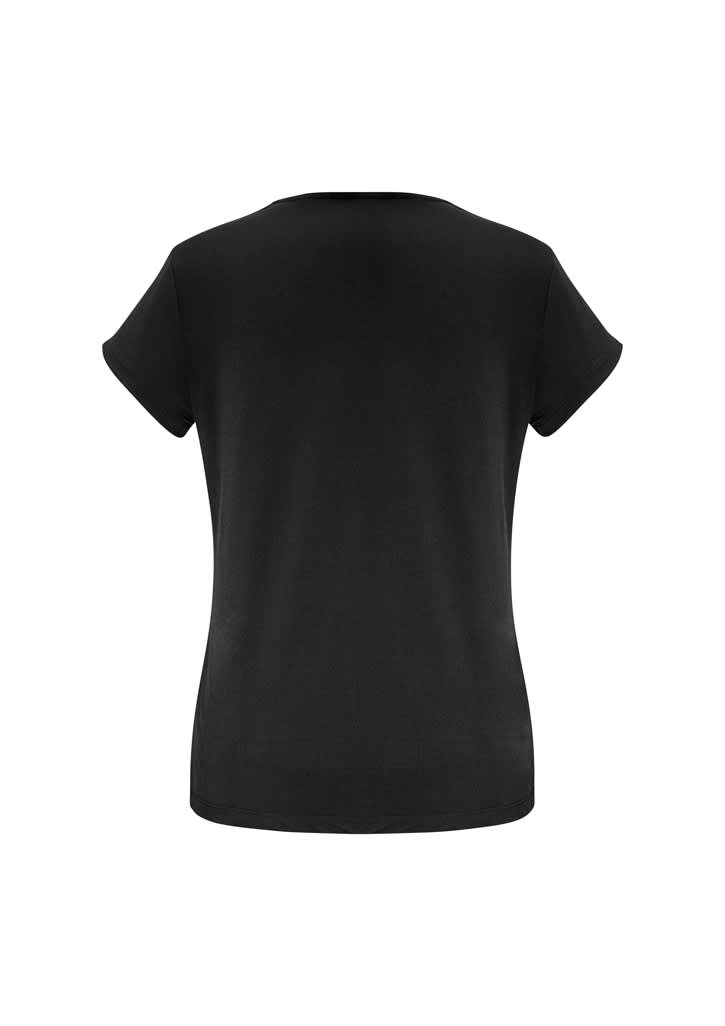 A black women's short sleeve top with a classic round neckline and a fitted silhouette. Includes a branding logo.