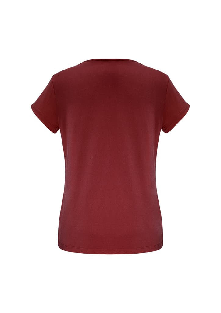A burgundy women's short sleeve top with a simple design and a back view. Features a logo.
