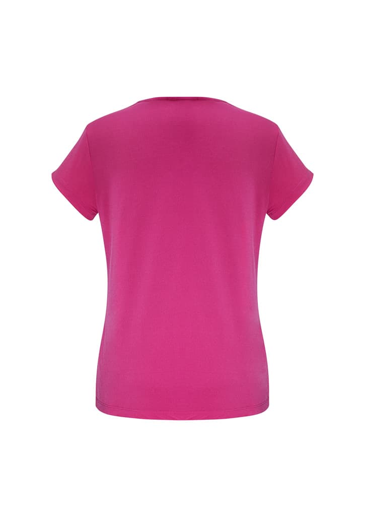A pink short sleeve top with a rounded neckline and a smooth fabric finish, featuring a brand logo.