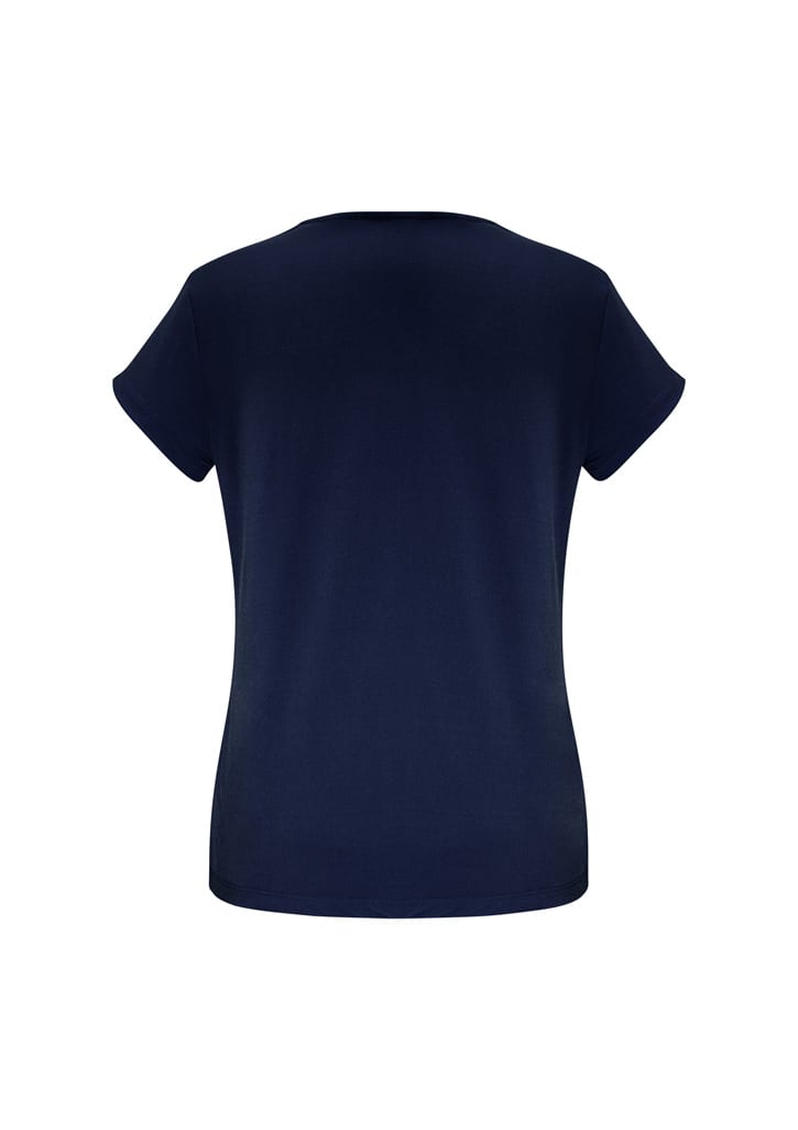 A navy short sleeve women's top with a classic round neckline and a fitted silhouette, featuring a logo.