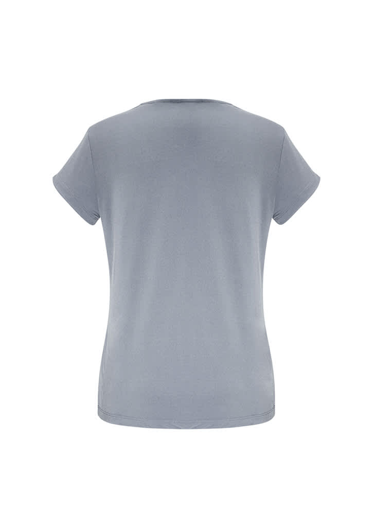 A women's short sleeve top in a soft grey colour, featuring a simple design with a logo.