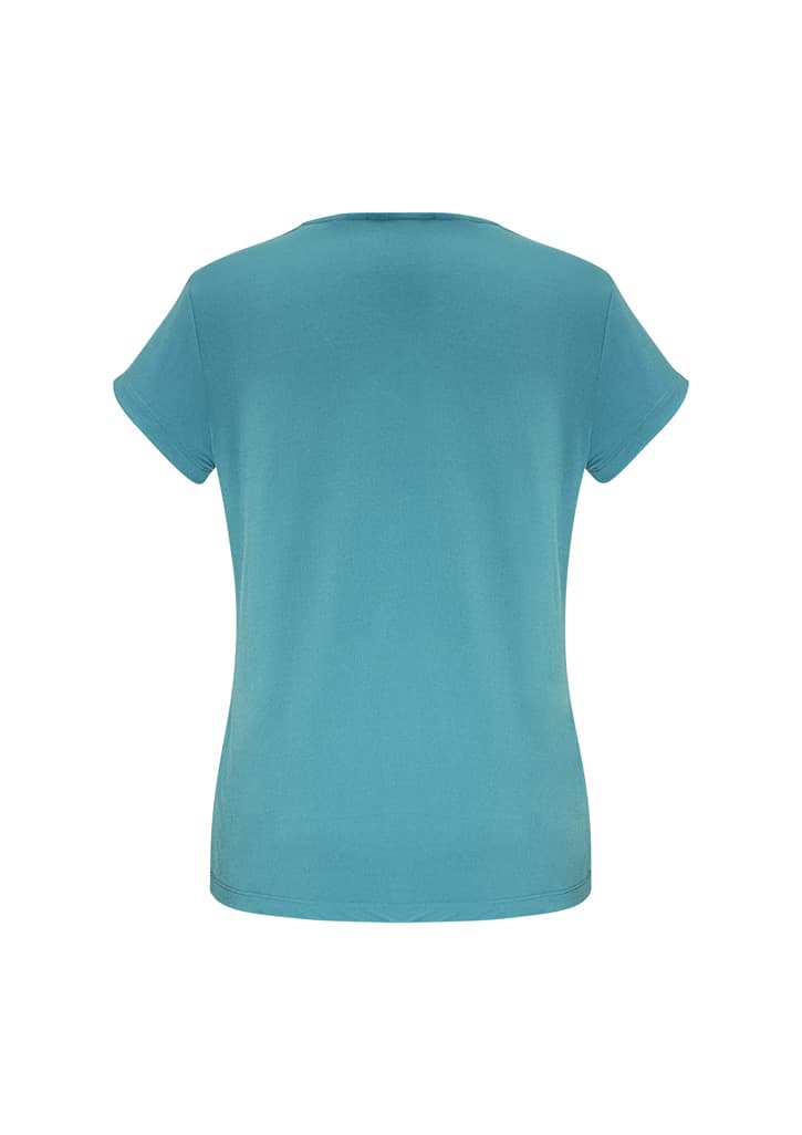 A teal women's short sleeve top with a simple, classic design and a logo on the back.