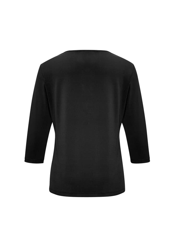 A black women's top with 3/4 sleeves, featuring a simple and sleek back design. It has a logo.