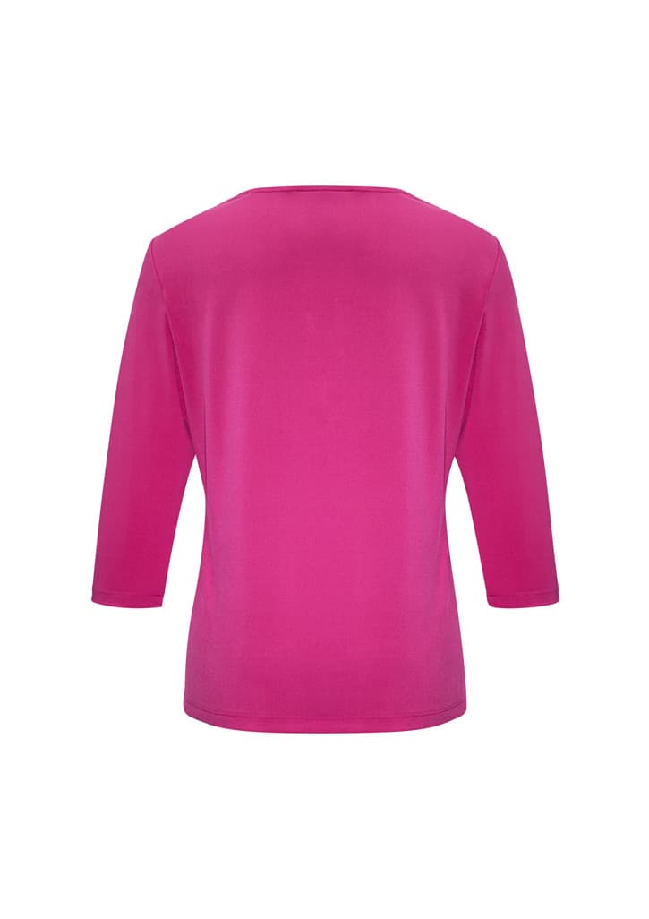 A vibrant pink women's top with 3/4 sleeves, featuring a simple and sleek design. The shirt has a branding logo on it.