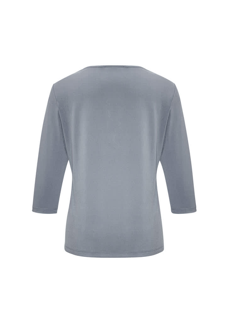 A blue women's top with 3/4 sleeves, featuring a smooth back design and no visible logos.