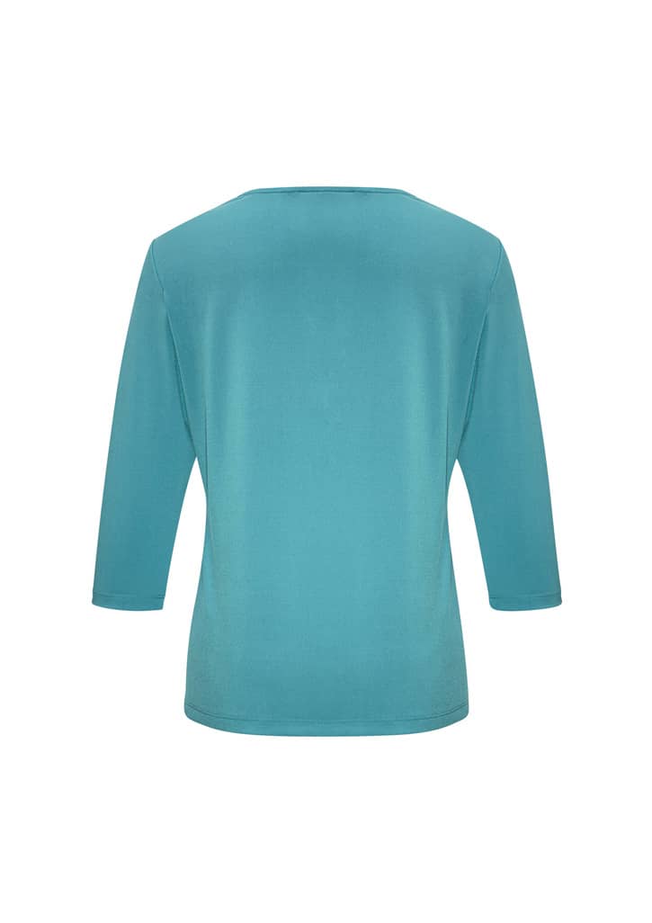 A turquoise women's top with 3/4 sleeves, featuring a simple design and no visible branding.