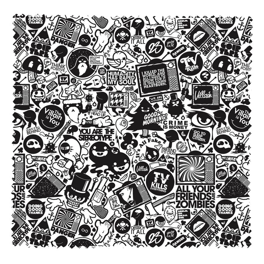 A medium microfibre cloth featuring a bold black and white comic-style design with various illustrations and patterns.