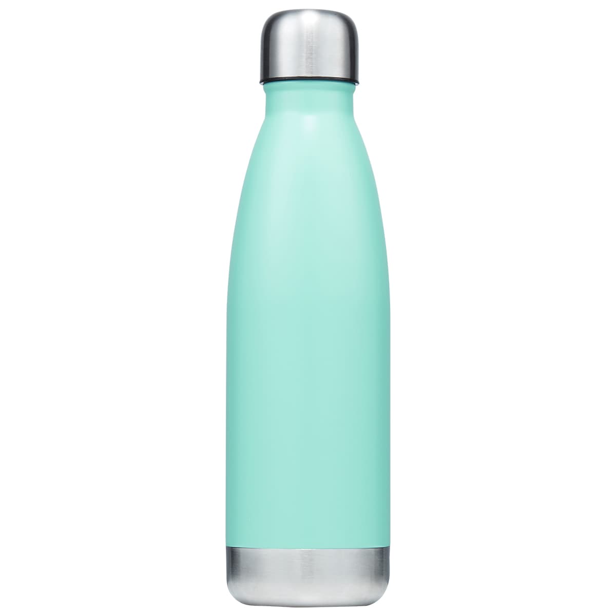 A drink bottle in a teal colour with a stainless steel base and cap, featuring a simple design.