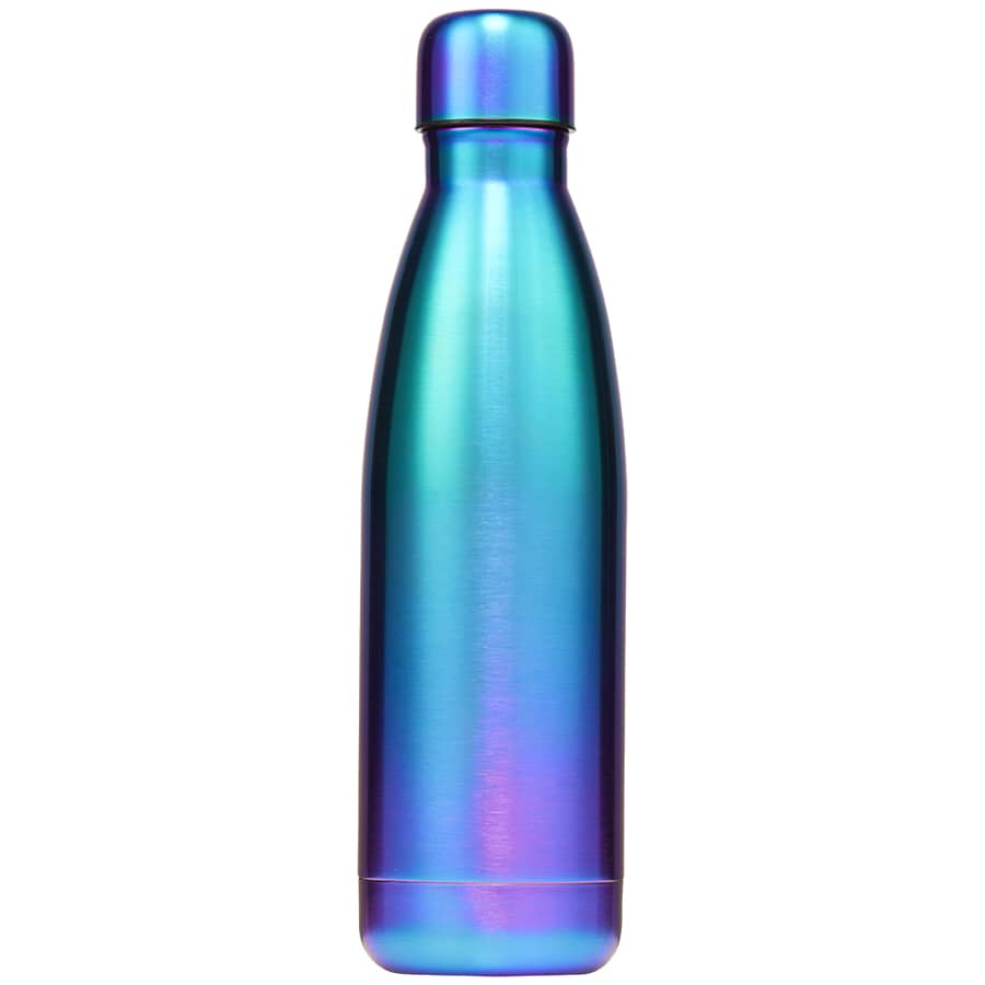 A drink bottle in iridescent blue and purple shades, featuring a sleek design and a screw-top lid.