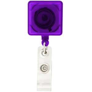 A rectangular badge holder in vibrant purple with a clear retractable strap. It features a circular logo on top.