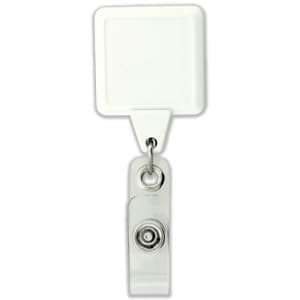 A clear rectangular badge holder with a retractable reel and metal clip. It features a white square attachment.