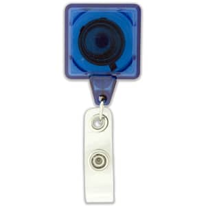 A rectangle badge holder in blue with a retractable cord and a white strap for attachment.