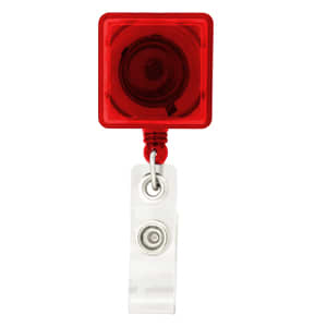 A red rectangle badge holder with a white clip attachment at the back.
