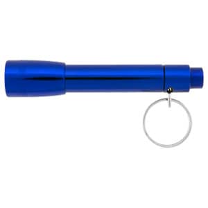 A blue Maverick flashlight with a keyring attachment. The flashlight has a sleek, metallic finish.