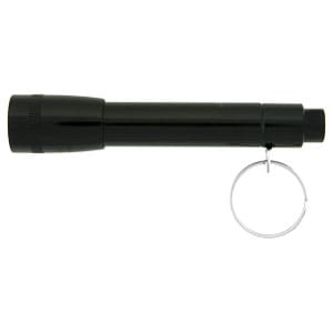 A black Maverick flashlight with a keychain attachment. It has a cylindrical design and a push-button at one end.