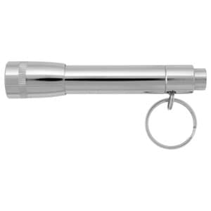 A silver flashlight with a keyring attachment, featuring a sleek and cylindrical design.