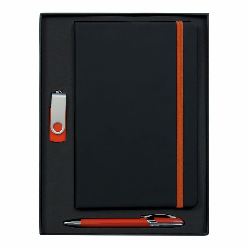 A box set featuring a black notebook with an orange elastic band, an orange pen, and a small USB drive.