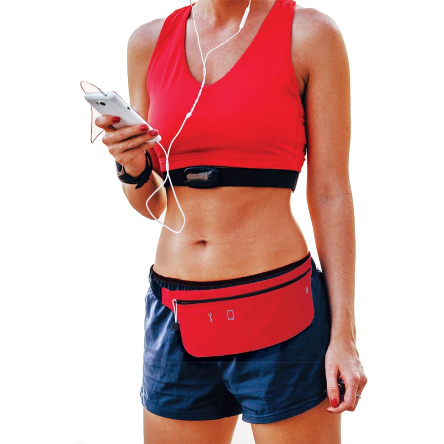 A red Lycra fitness belt worn by a woman in a red sports top and shorts, holding a smartphone.