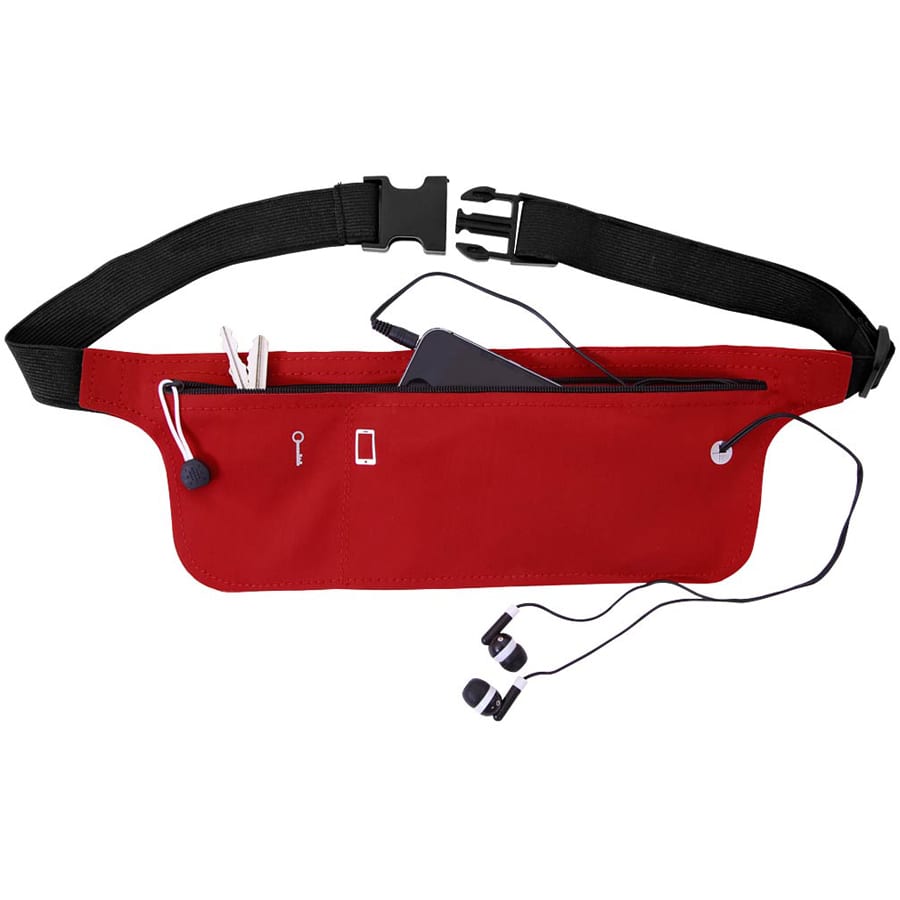 A red Lycra fitness belt featuring pockets for a phone, keys, and earphones. It has an adjustable strap and a logo.