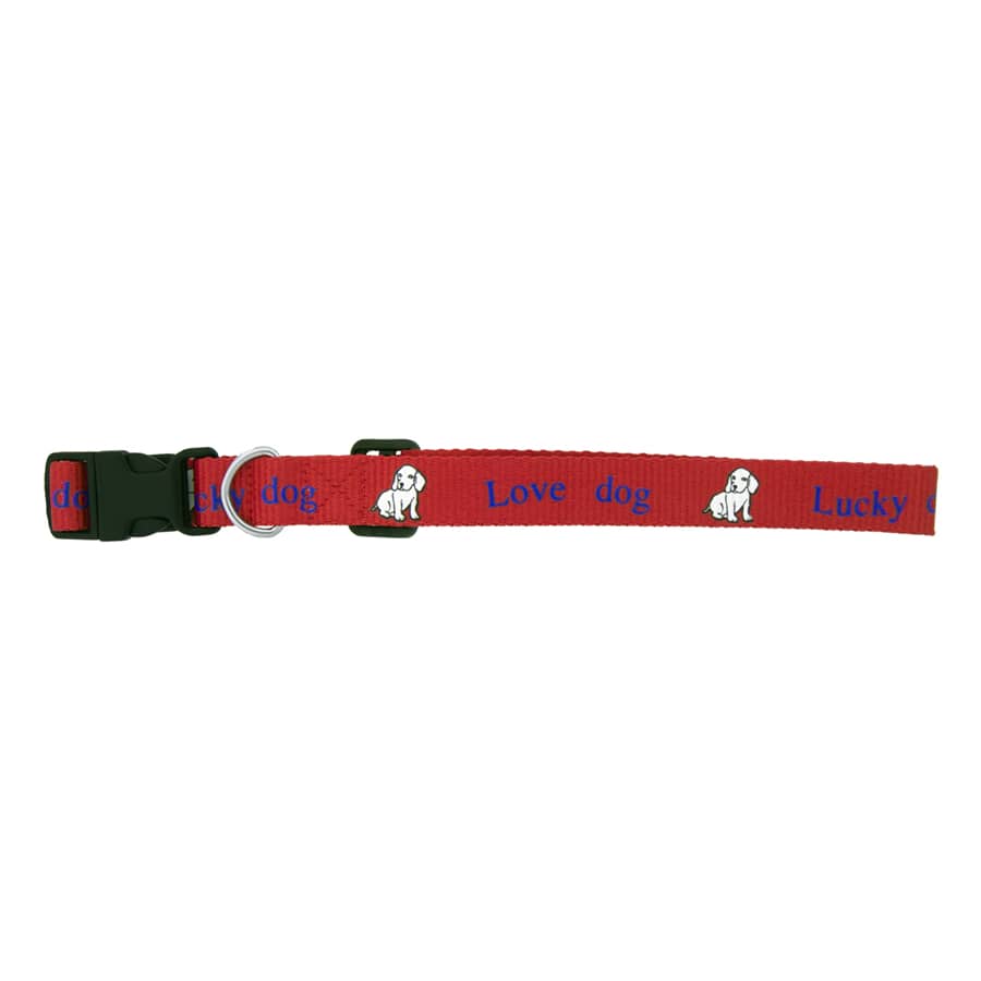 A red dog collar with a patterned design featuring the words 