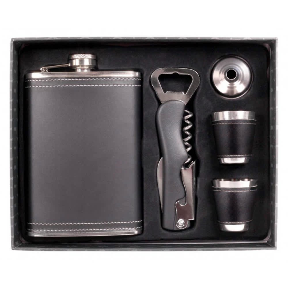 A drink bottle gift set featuring a silver flask, two shot glasses, and a corkscrew, all in a presentation box.
