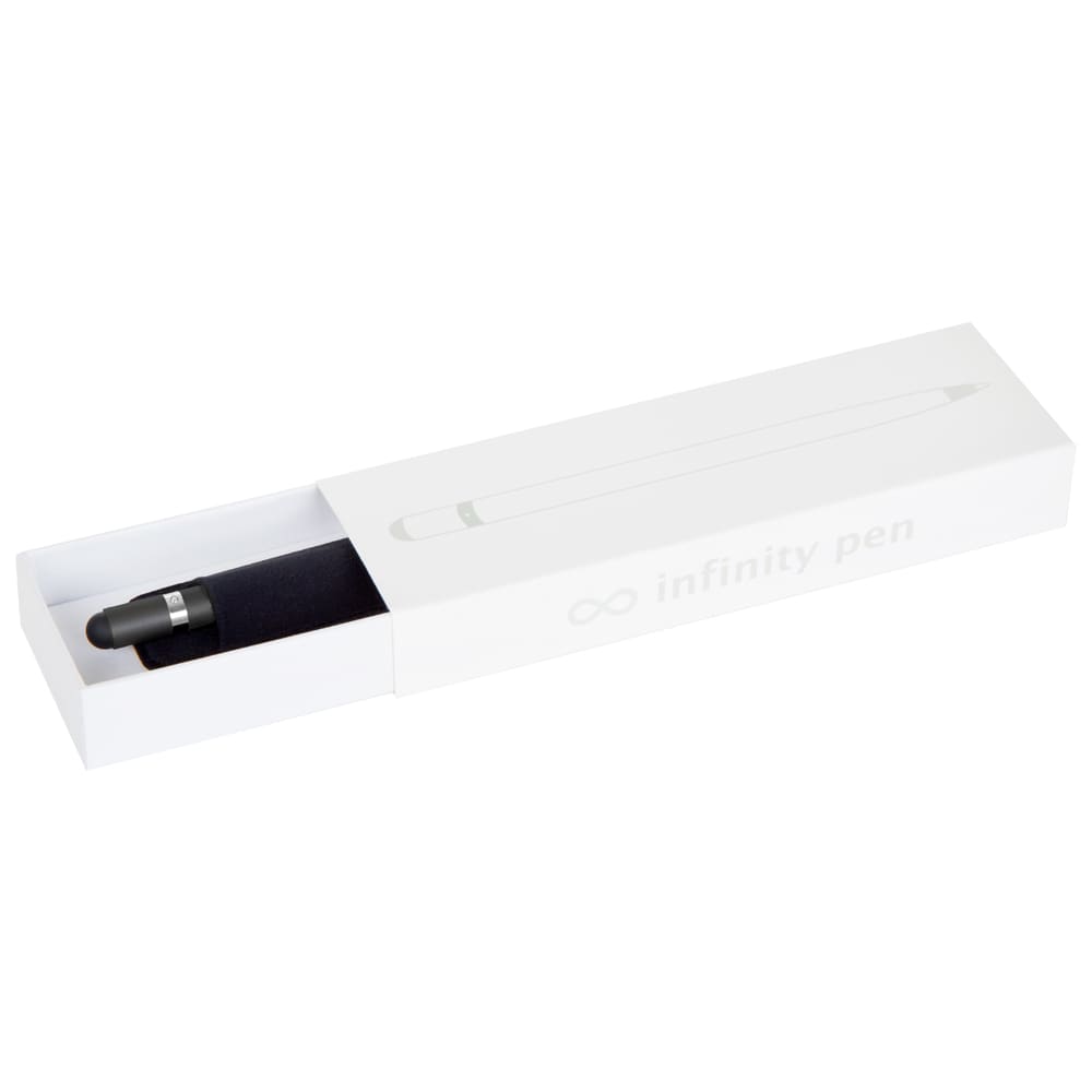 A sleek black metal pen displayed in a white box, featuring a simple design and an embossed logo.