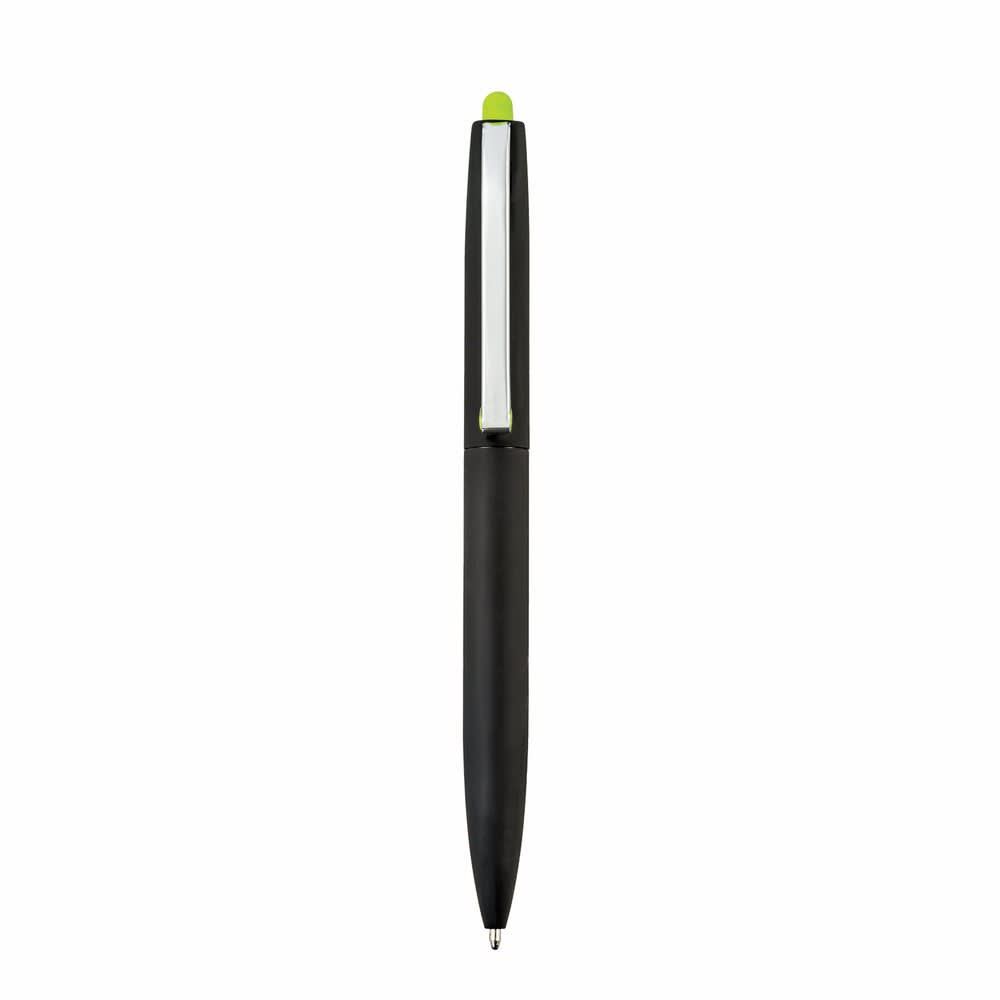A black pen with a green top, featuring a sleek design and a branding logo on the side.