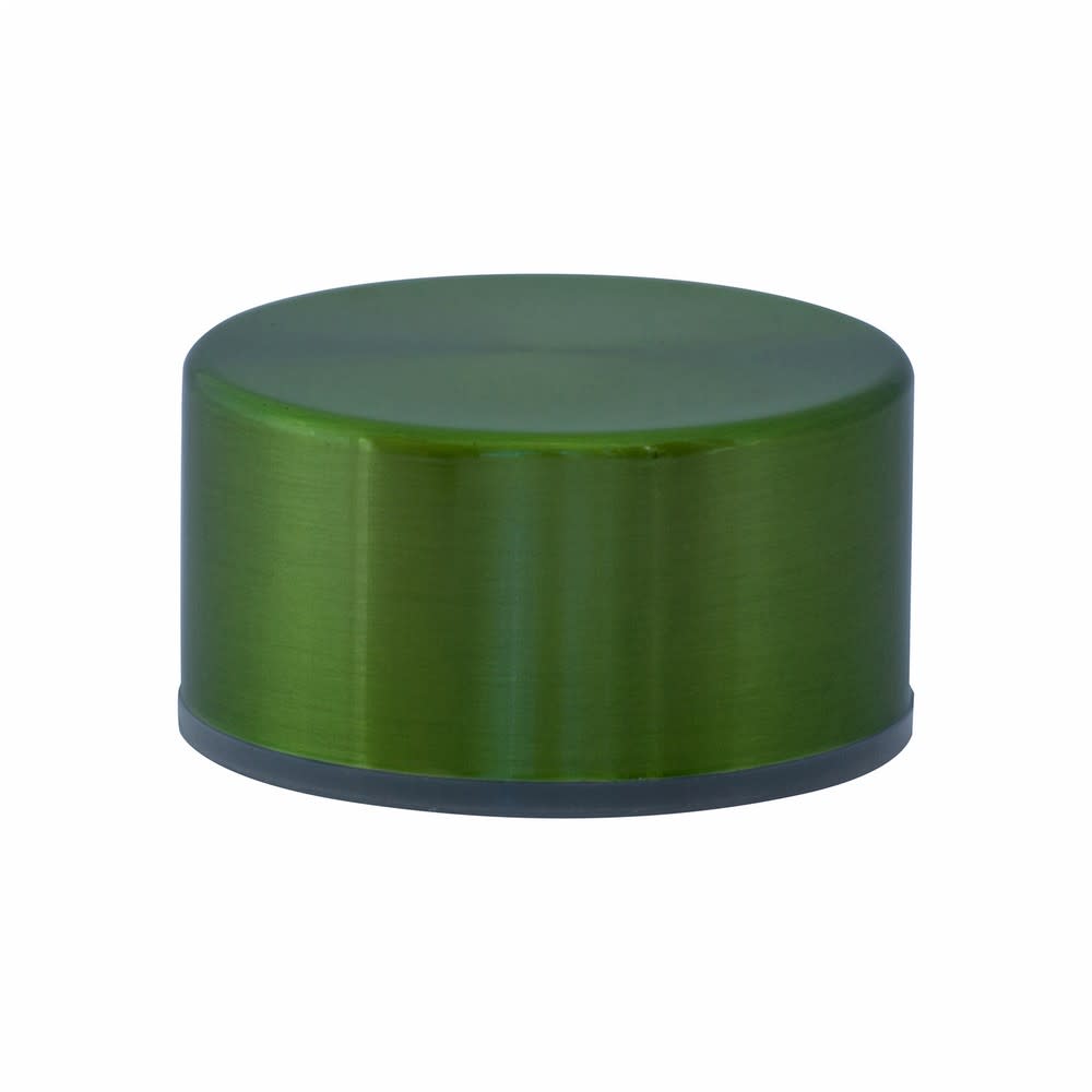 A drink bottle cap in a metallic green finish, featuring a sleek and simple design.