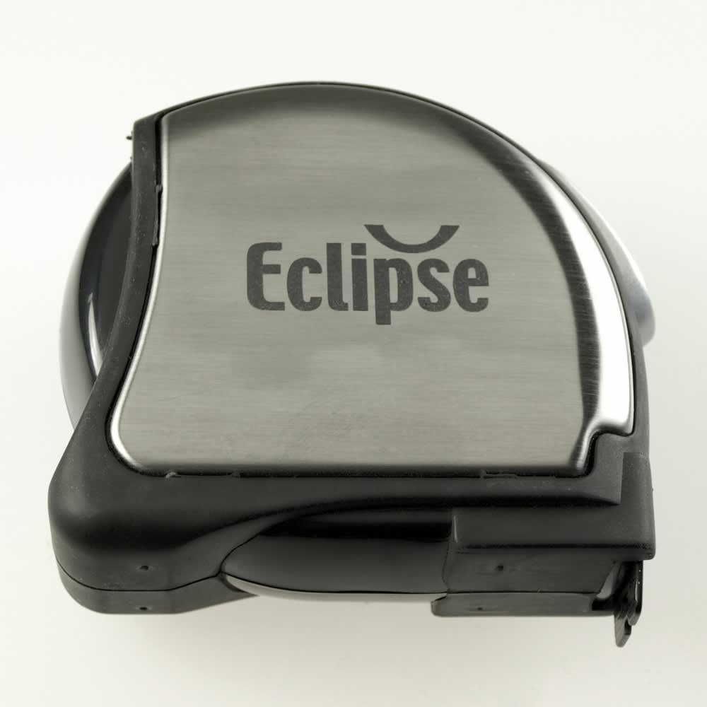 A black and silver tape measure with a logo, compact in design.