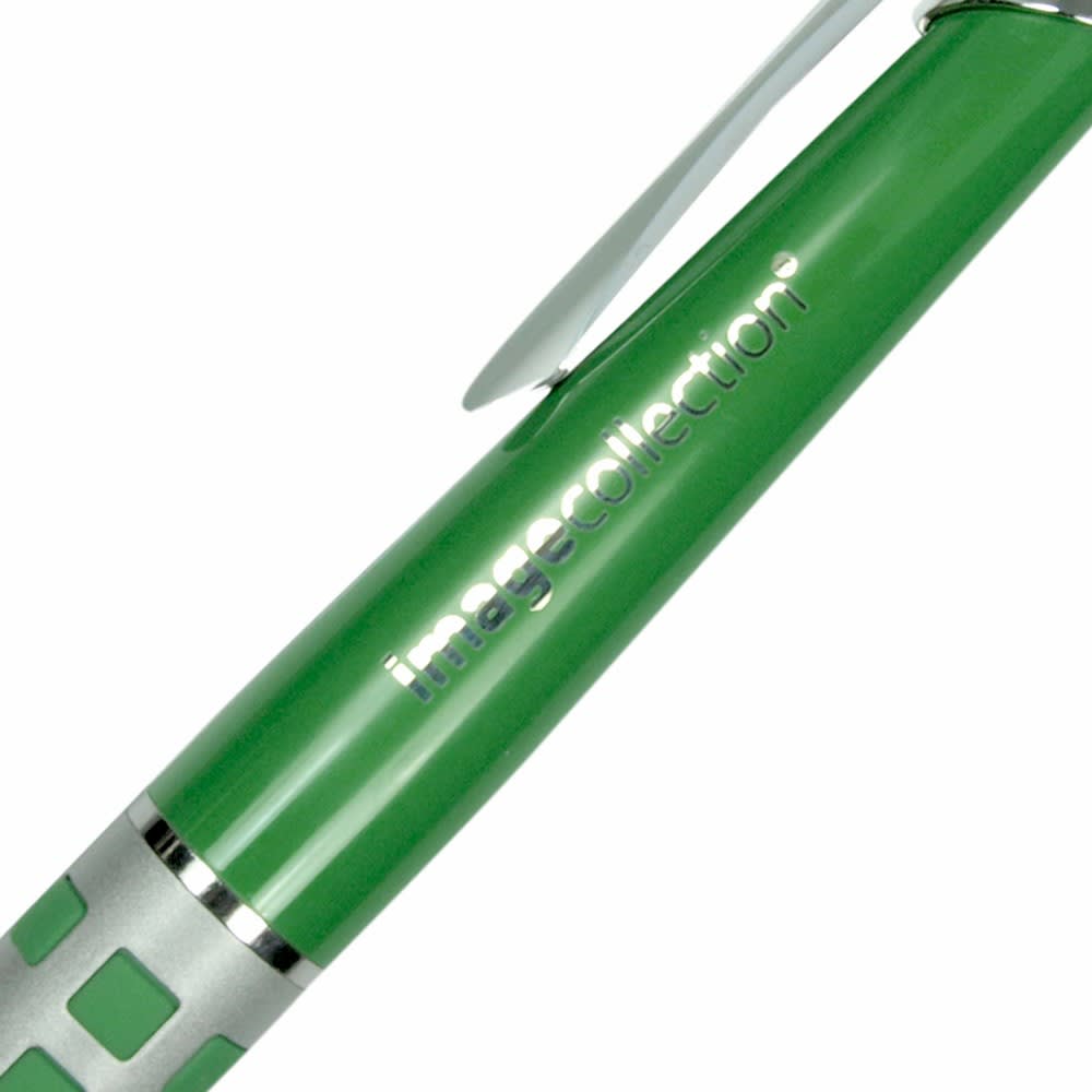 A green metal pen with a silver clip and a logo. The design features a patterned grip area.
