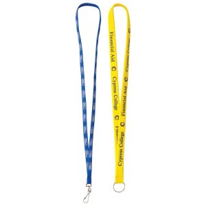 A blue and a yellow 13mm shoestring custom lanyard, each featuring a logo and text in contrasting colours.