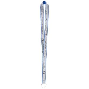 A blue and glittery custom lanyard featuring a logo and text design.
