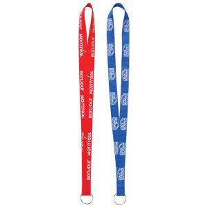 Two 13mm nylon custom lanyards in red and blue, both featuring branding and metal attachments.