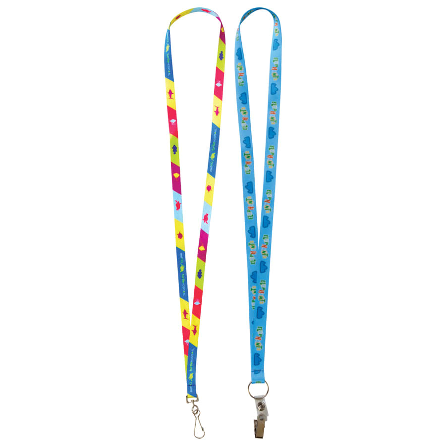 Two 13mm custom lanyards featuring vibrant patterns in blue, pink, and yellow, complete with attachments and logos.