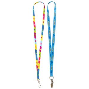 Brightly coloured 19mm custom lanyards featuring a playful design and a metal clip for attachment.