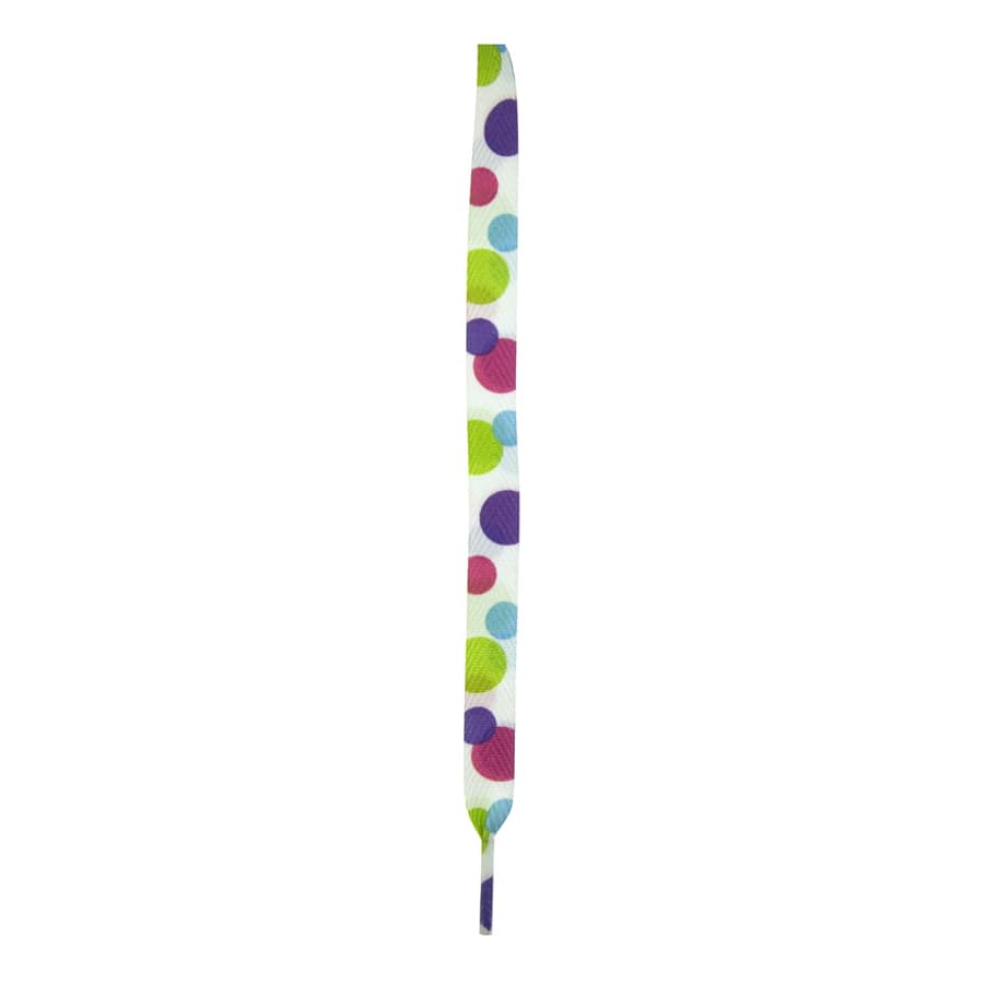 A pair of white shoe laces featuring multicoloured polka dots in green, purple, and pink.