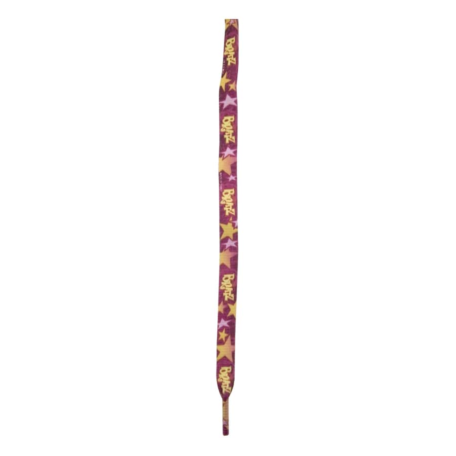 A pair of purple shoe laces with yellow and pink star patterns and a logo design.