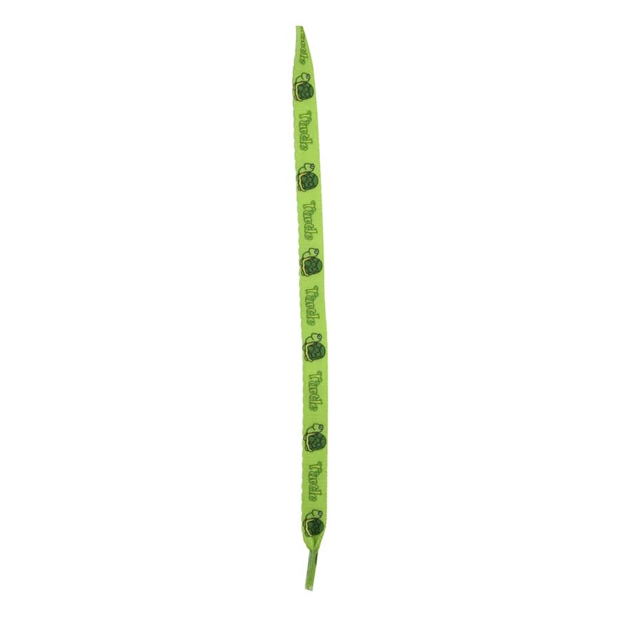 Bright green shoe laces featuring a repeating black logo pattern.