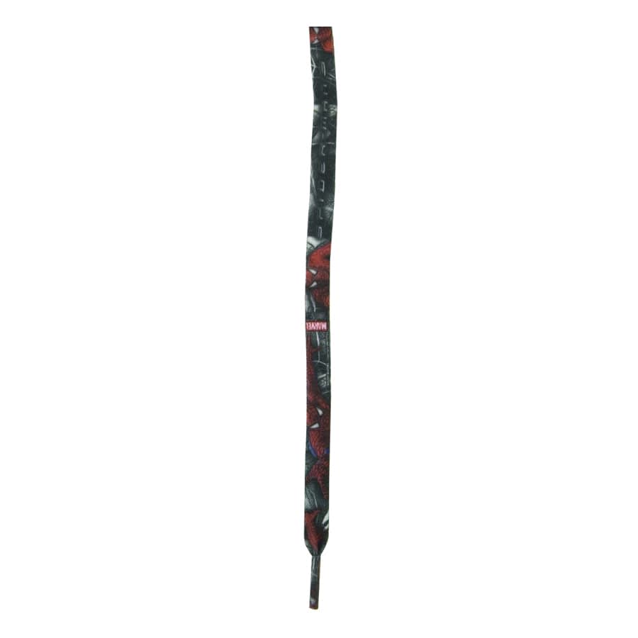 A single black and red patterned shoelace with a branding logo at the end.