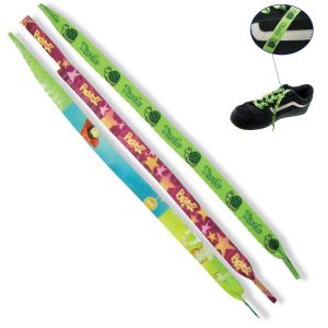 Three pairs of multicoloured recycled shoelaces featuring vibrant designs, with one pair visible on a black shoe.
